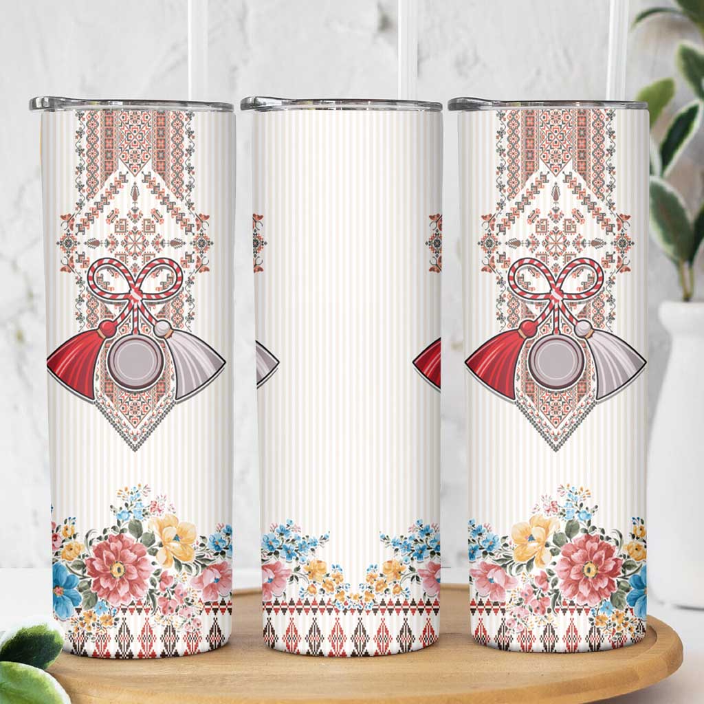 Romania Happy Martisor Day 1 March Skinny Tumbler Romanian Traditional Pattern with Martenitsa and Peony