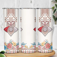 Romania Happy Martisor Day 1 March Skinny Tumbler Romanian Traditional Pattern with Martenitsa and Peony
