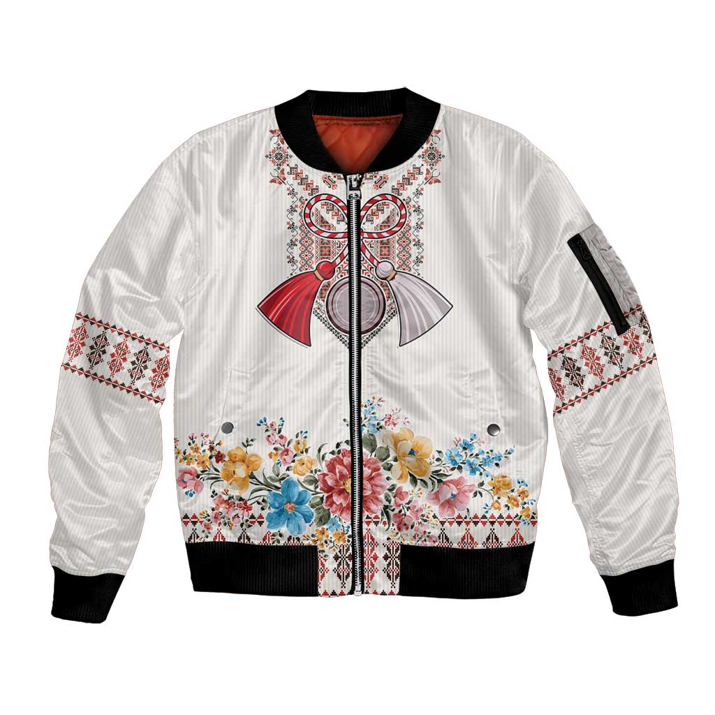 Romania Happy Martisor Day 1 March Sleeve Zip Bomber Jacket Martenitsa and Peony Romanian Traditional Pattern