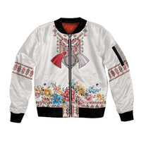 Romania Happy Martisor Day 1 March Sleeve Zip Bomber Jacket Martenitsa and Peony Romanian Traditional Pattern