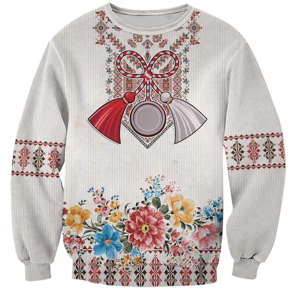 Romania Happy Martisor Day 1 March Sweatshirt Martenitsa and Peony Romanian Traditional Pattern