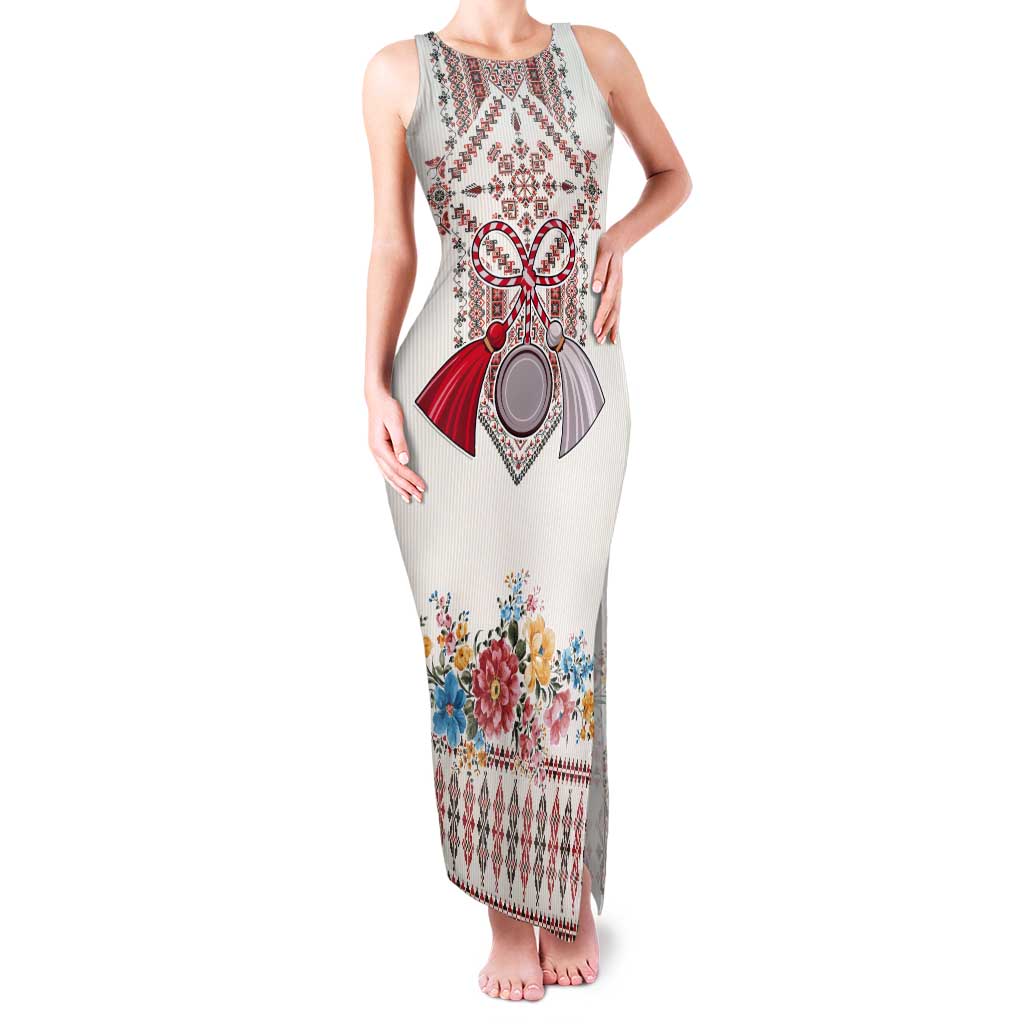 Romania Happy Martisor Day 1 March Tank Maxi Dress Martenitsa and Peony Romanian Traditional Pattern