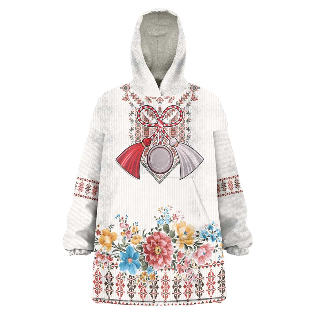 Romania Happy Martisor Day 1 March Wearable Blanket Hoodie Martenitsa and Peony Romanian Traditional Pattern