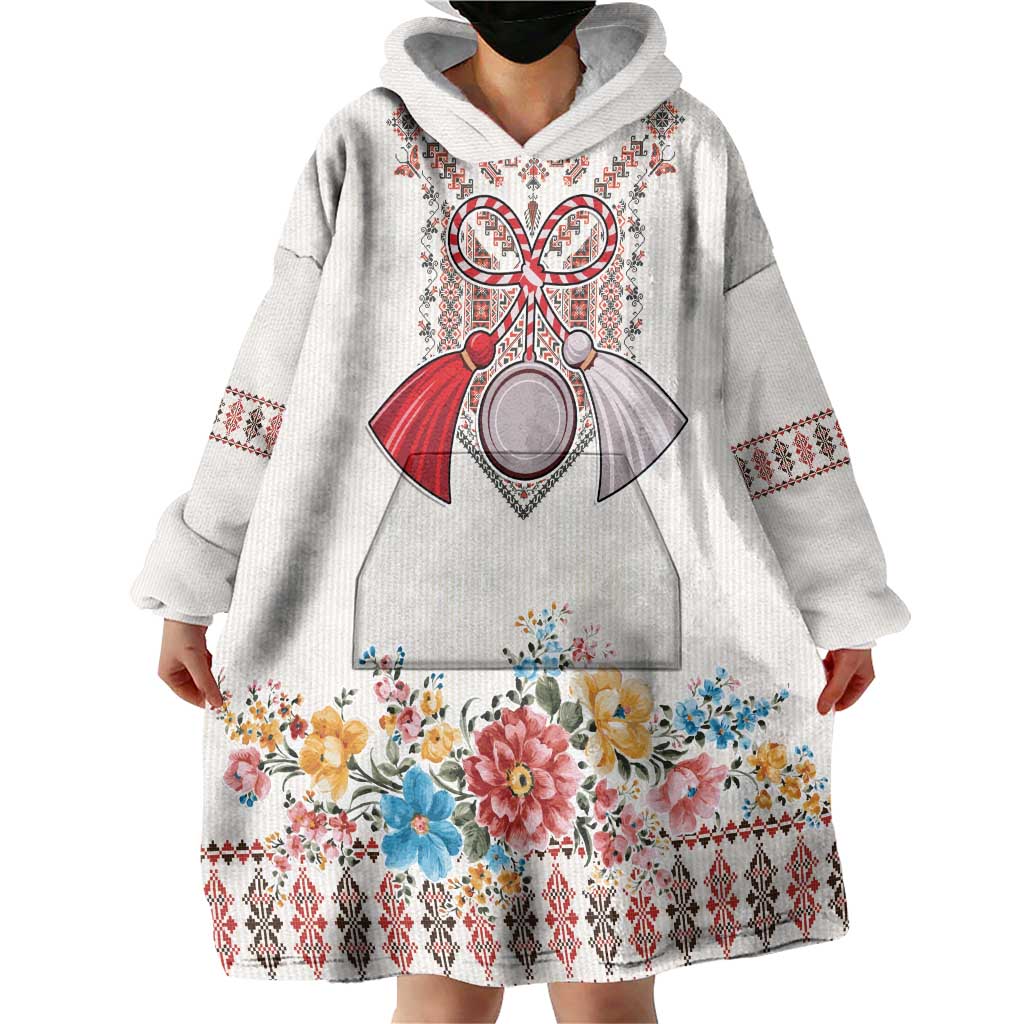 Romania Happy Martisor Day 1 March Wearable Blanket Hoodie Martenitsa and Peony Romanian Traditional Pattern