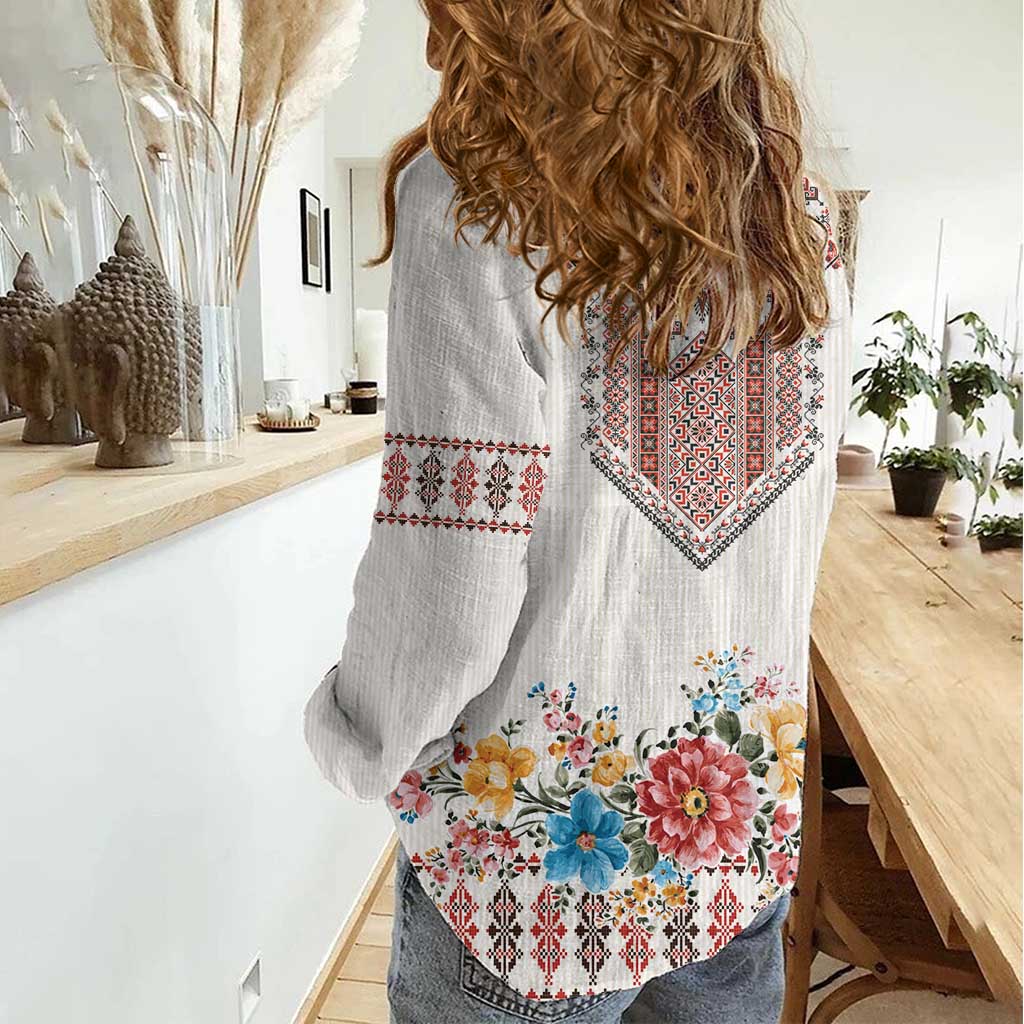 Romania Happy Martisor Day 1 March Women Casual Shirt Martenitsa and Peony Romanian Traditional Pattern