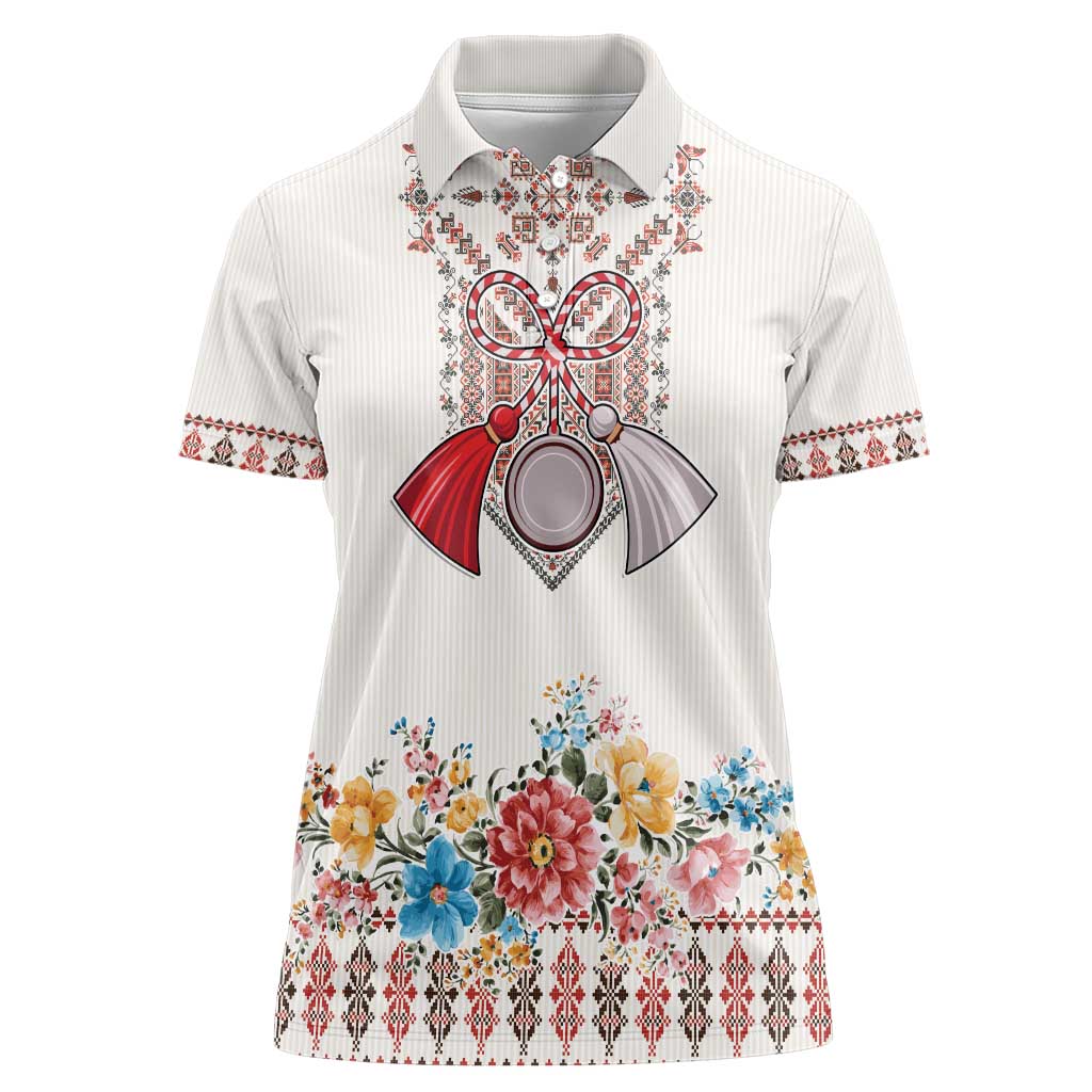 Romania Happy Martisor Day 1 March Women Polo Shirt Martenitsa and Peony Romanian Traditional Pattern