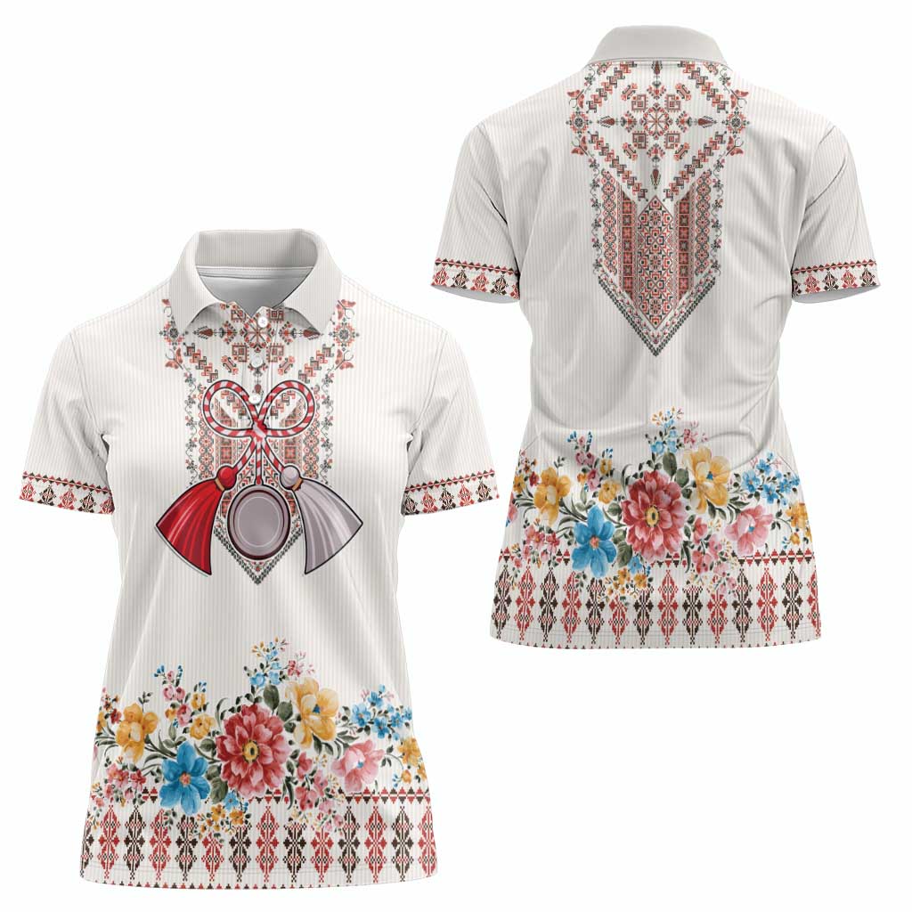 Romania Happy Martisor Day 1 March Women Polo Shirt Martenitsa and Peony Romanian Traditional Pattern