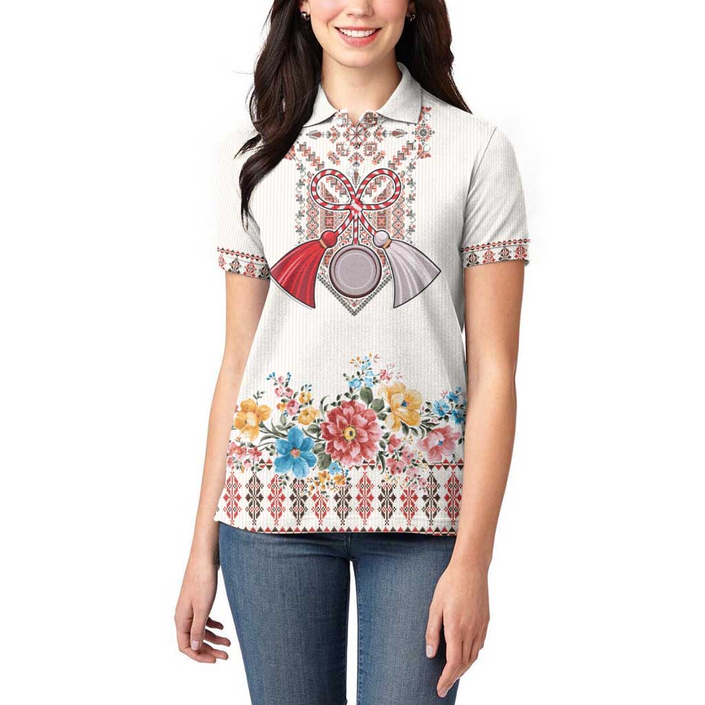 Romania Happy Martisor Day 1 March Women Polo Shirt Martenitsa and Peony Romanian Traditional Pattern