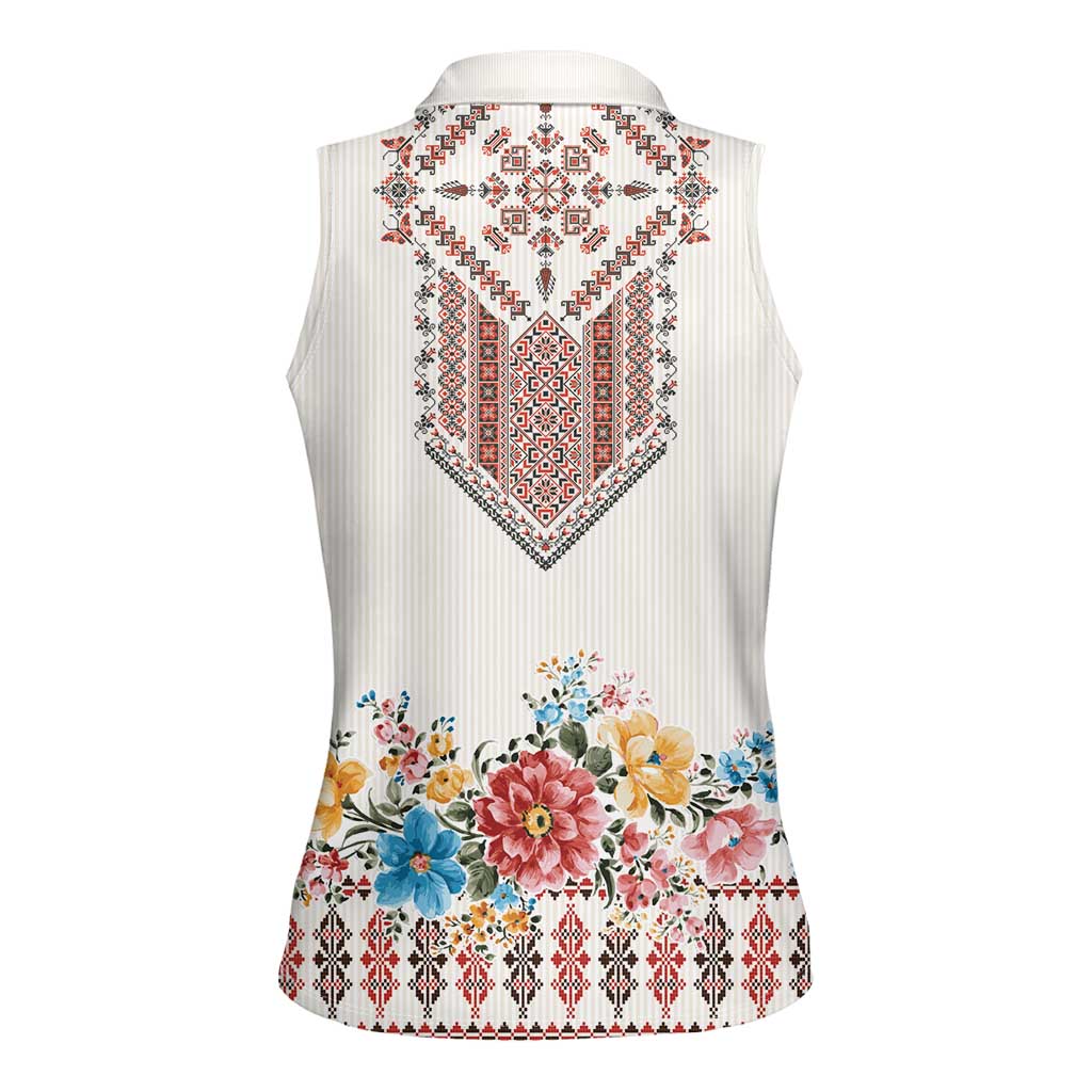 Romania Happy Martisor Day 1 March Women Sleeveless Polo Shirt Martenitsa and Peony Romanian Traditional Pattern