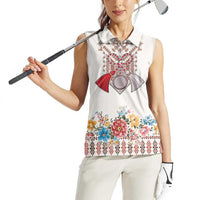 Romania Happy Martisor Day 1 March Women Sleeveless Polo Shirt Martenitsa and Peony Romanian Traditional Pattern