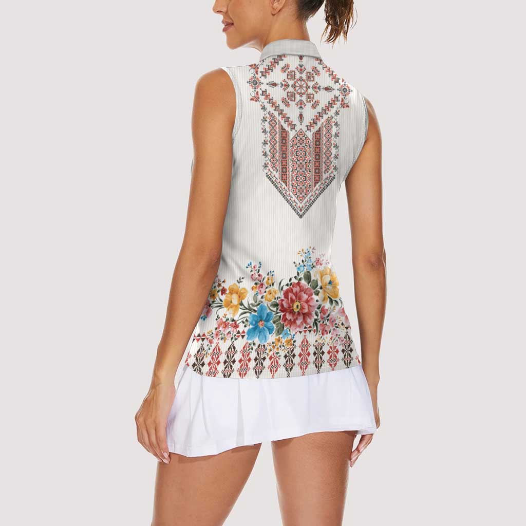 Romania Happy Martisor Day 1 March Women Sleeveless Polo Shirt Martenitsa and Peony Romanian Traditional Pattern