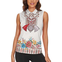 Romania Happy Martisor Day 1 March Women Sleeveless Polo Shirt Martenitsa and Peony Romanian Traditional Pattern