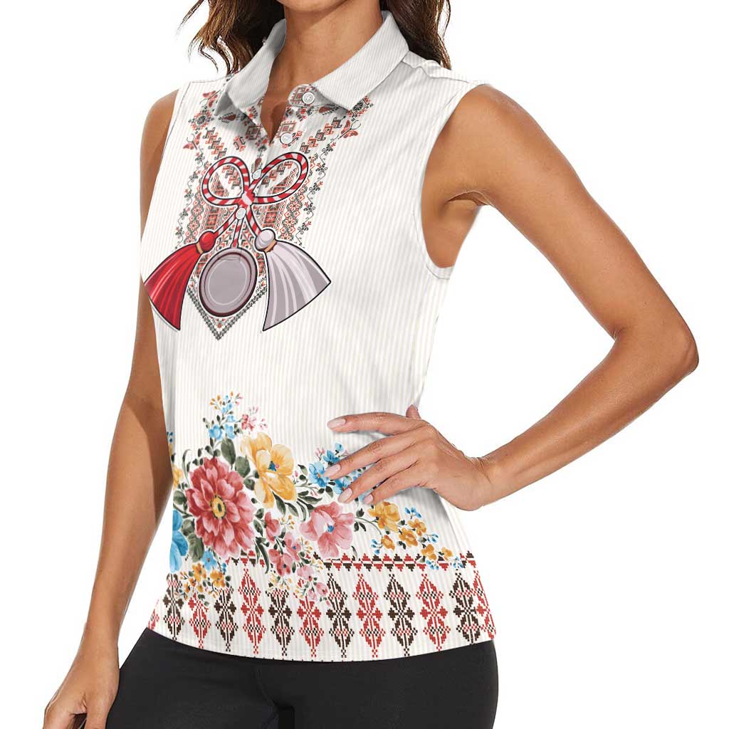 Romania Happy Martisor Day 1 March Women Sleeveless Polo Shirt Martenitsa and Peony Romanian Traditional Pattern
