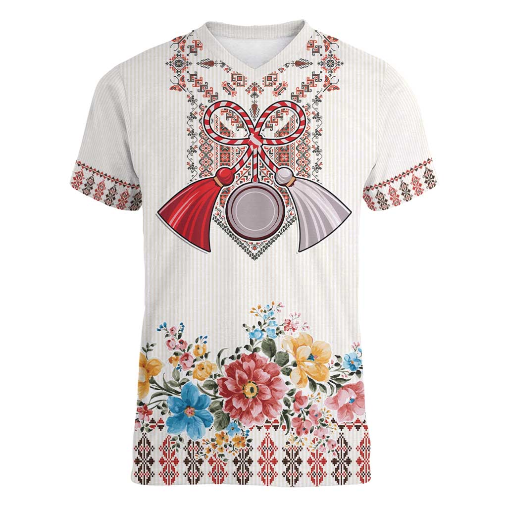 Romania Happy Martisor Day 1 March Women V-Neck T-Shirt Martenitsa and Peony Romanian Traditional Pattern