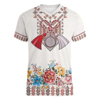 Romania Happy Martisor Day 1 March Women V-Neck T-Shirt Martenitsa and Peony Romanian Traditional Pattern