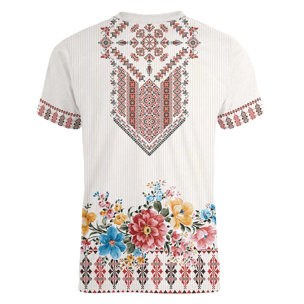 Romania Happy Martisor Day 1 March Women V-Neck T-Shirt Martenitsa and Peony Romanian Traditional Pattern