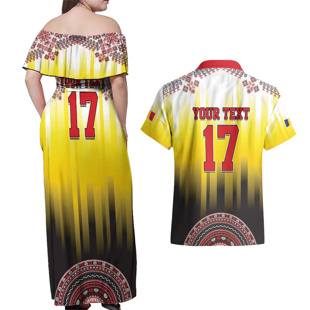Custom Romania Football Go Champions Couples Matching Off Shoulder Maxi Dress and Hawaiian Shirt Romanian Traditional Patern
