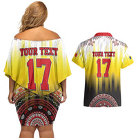 Custom Romania Football Go Champions Couples Matching Off Shoulder Short Dress and Hawaiian Shirt Romanian Traditional Patern