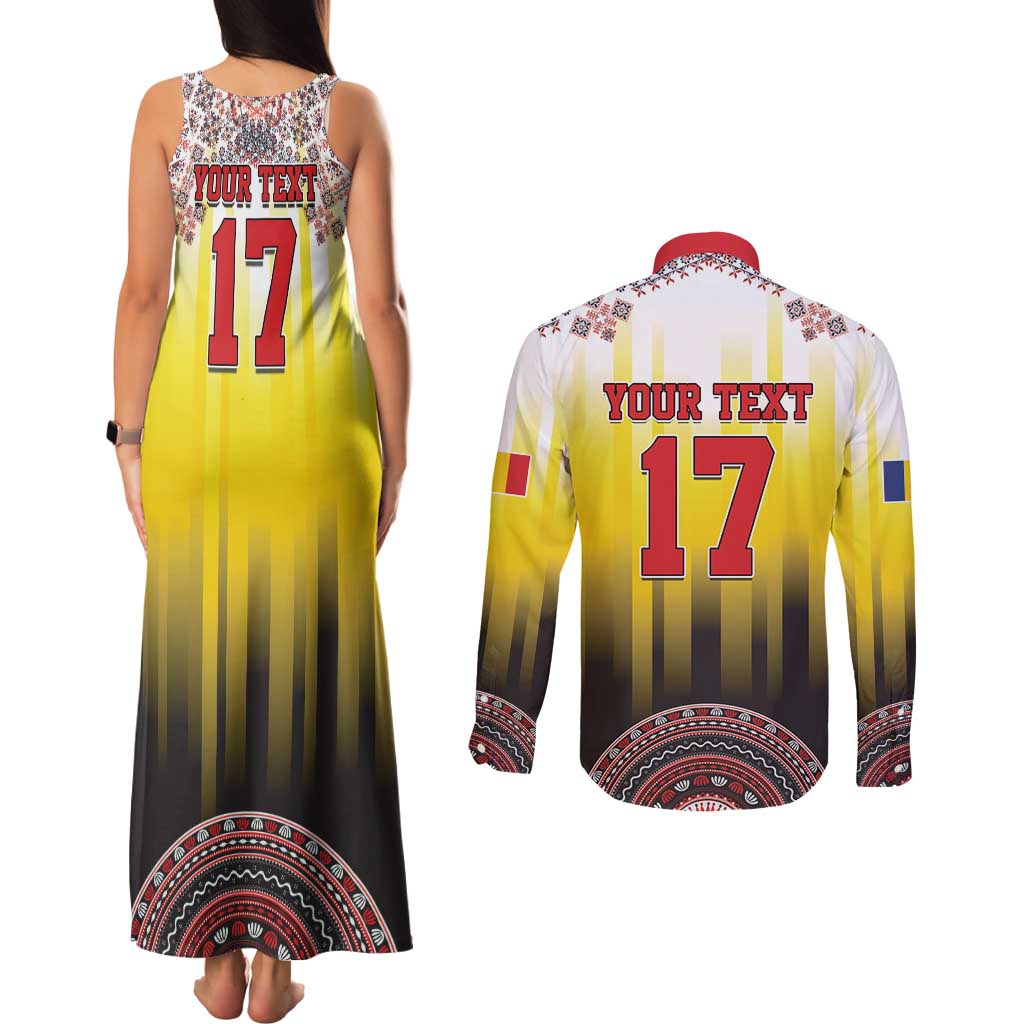 Custom Romania Football Go Champions Couples Matching Tank Maxi Dress and Long Sleeve Button Shirt Romanian Traditional Patern