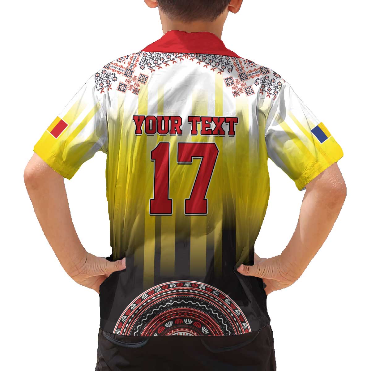 Custom Romania Football Go Champions Family Matching Off The Shoulder Long Sleeve Dress and Hawaiian Shirt Romanian Traditional Patern