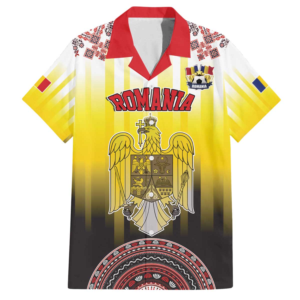 Custom Romania Football Go Champions Family Matching Off The Shoulder Long Sleeve Dress and Hawaiian Shirt Romanian Traditional Patern