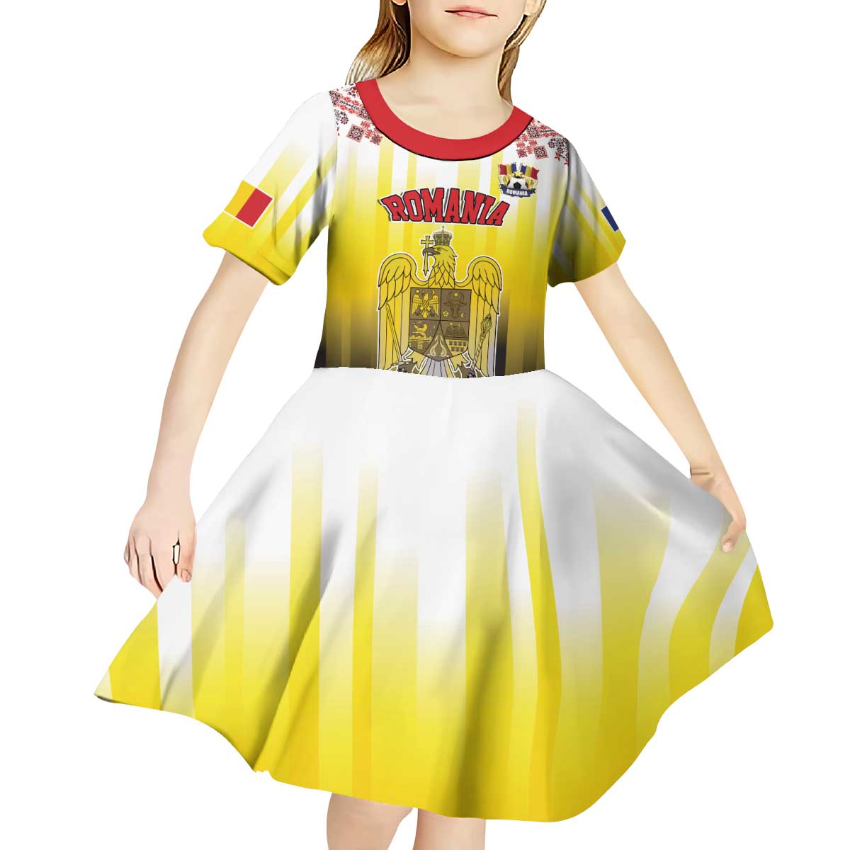 Custom Romania Football Go Champions Kid Short Sleeve Dress Romanian Traditional Patern