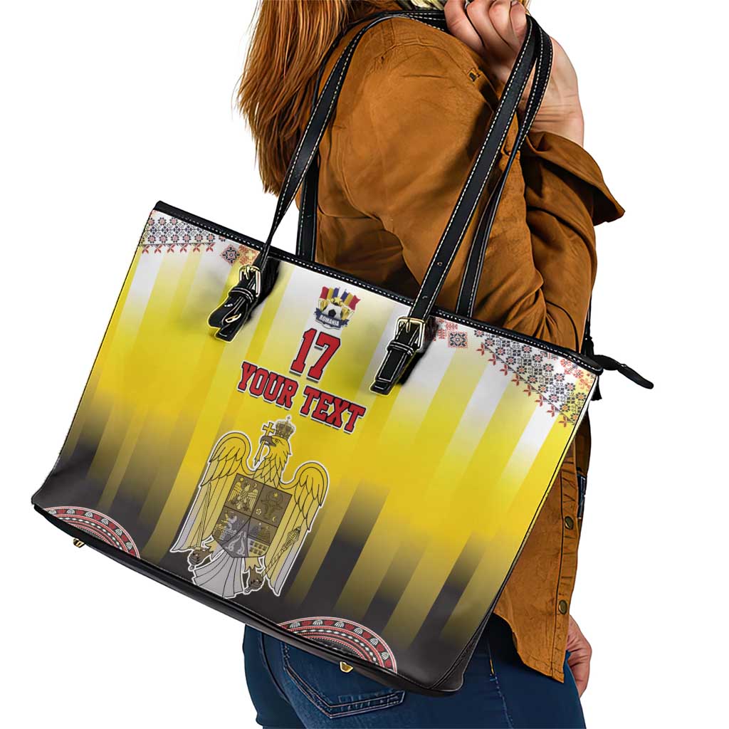 Custom Romania Football Go Champions Leather Tote Bag Romanian Traditional Patern