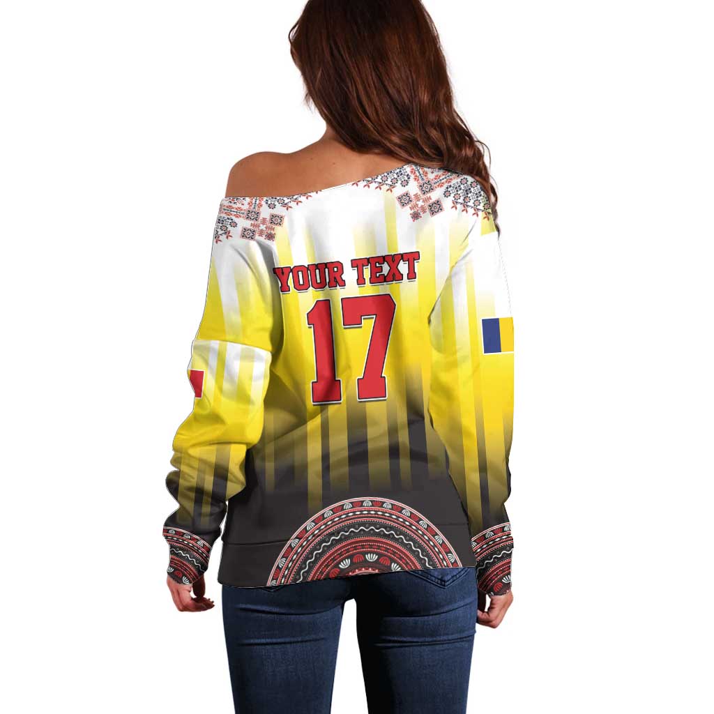 Custom Romania Football Go Champions Off Shoulder Sweater Romanian Traditional Patern