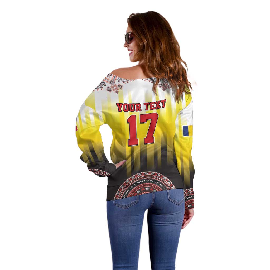 Custom Romania Football Go Champions Off Shoulder Sweater Romanian Traditional Patern