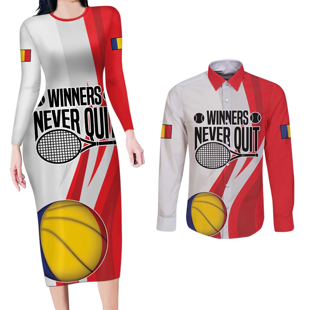 Custom Romania Tennis Winners Never Quit Couples Matching Long Sleeve Bodycon Dress and Long Sleeve Button Shirt Sporty Style