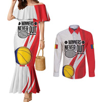Custom Romania Tennis Winners Never Quit Couples Matching Mermaid Dress and Long Sleeve Button Shirt Sporty Style