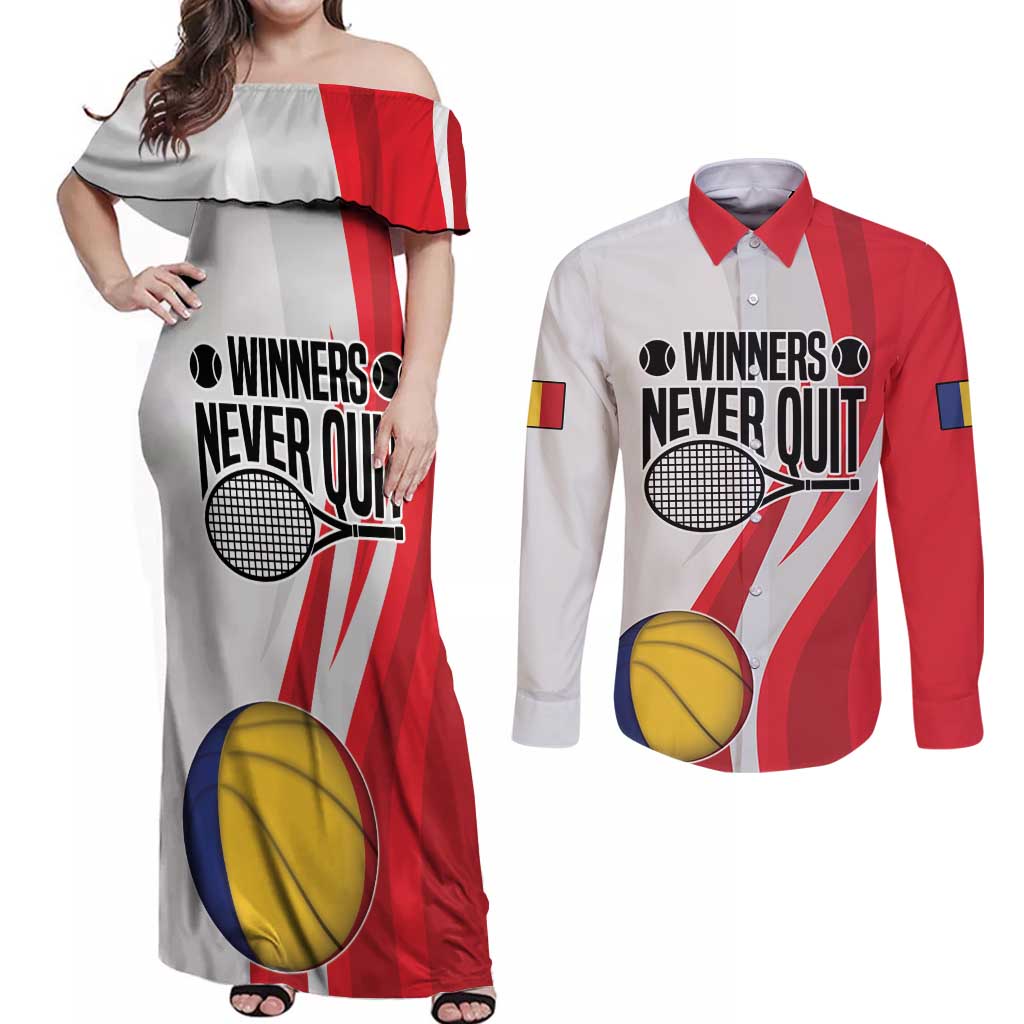 Custom Romania Tennis Winners Never Quit Couples Matching Off Shoulder Maxi Dress and Long Sleeve Button Shirt Sporty Style