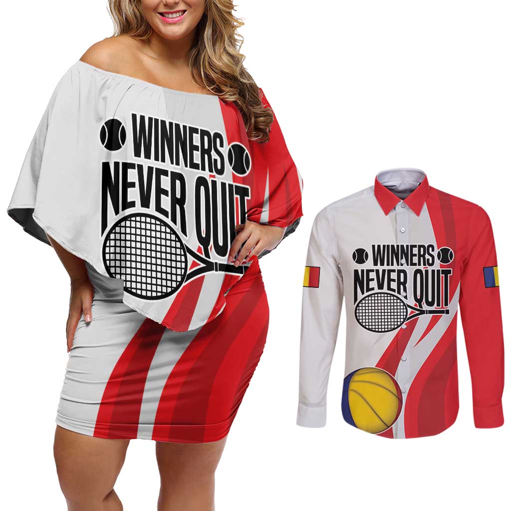 Custom Romania Tennis Winners Never Quit Couples Matching Off Shoulder Short Dress and Long Sleeve Button Shirt Sporty Style
