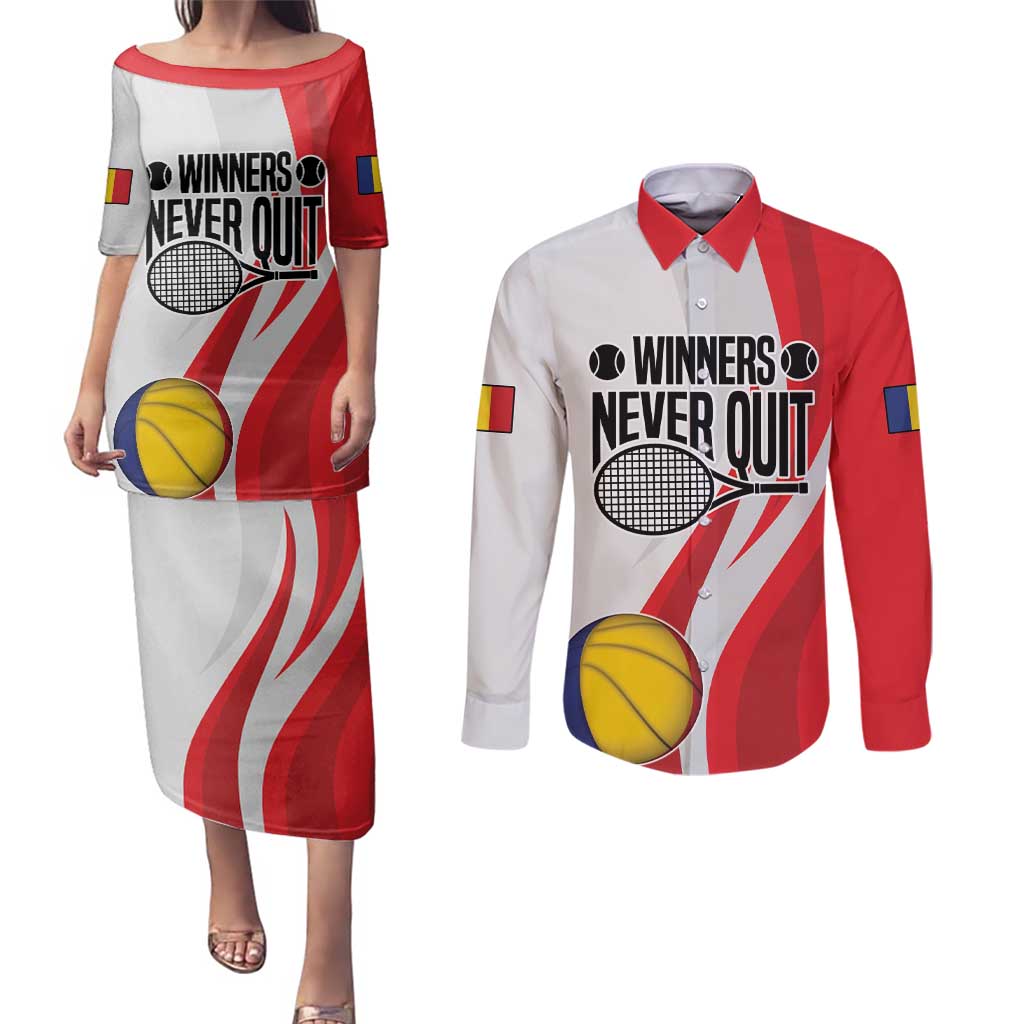 Custom Romania Tennis Winners Never Quit Couples Matching Puletasi and Long Sleeve Button Shirt Sporty Style