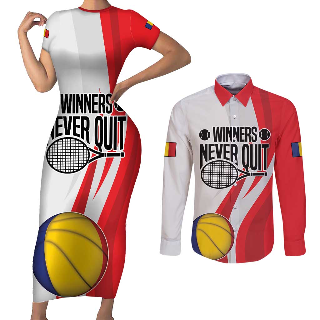 Custom Romania Tennis Winners Never Quit Couples Matching Short Sleeve Bodycon Dress and Long Sleeve Button Shirt Sporty Style