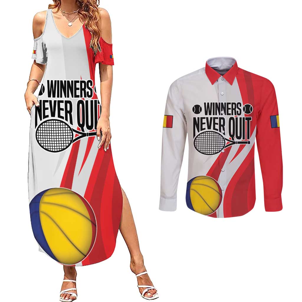 Custom Romania Tennis Winners Never Quit Couples Matching Summer Maxi Dress and Long Sleeve Button Shirt Sporty Style