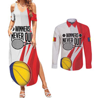 Custom Romania Tennis Winners Never Quit Couples Matching Summer Maxi Dress and Long Sleeve Button Shirt Sporty Style