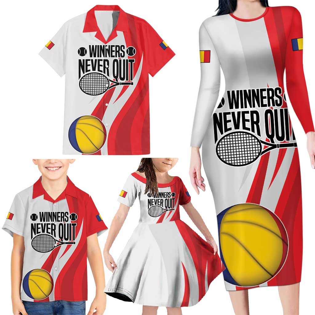 Custom Romania Tennis Winners Never Quit Family Matching Long Sleeve Bodycon Dress and Hawaiian Shirt Sporty Style