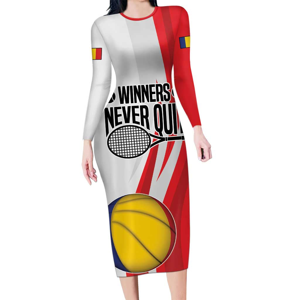 Custom Romania Tennis Winners Never Quit Family Matching Long Sleeve Bodycon Dress and Hawaiian Shirt Sporty Style