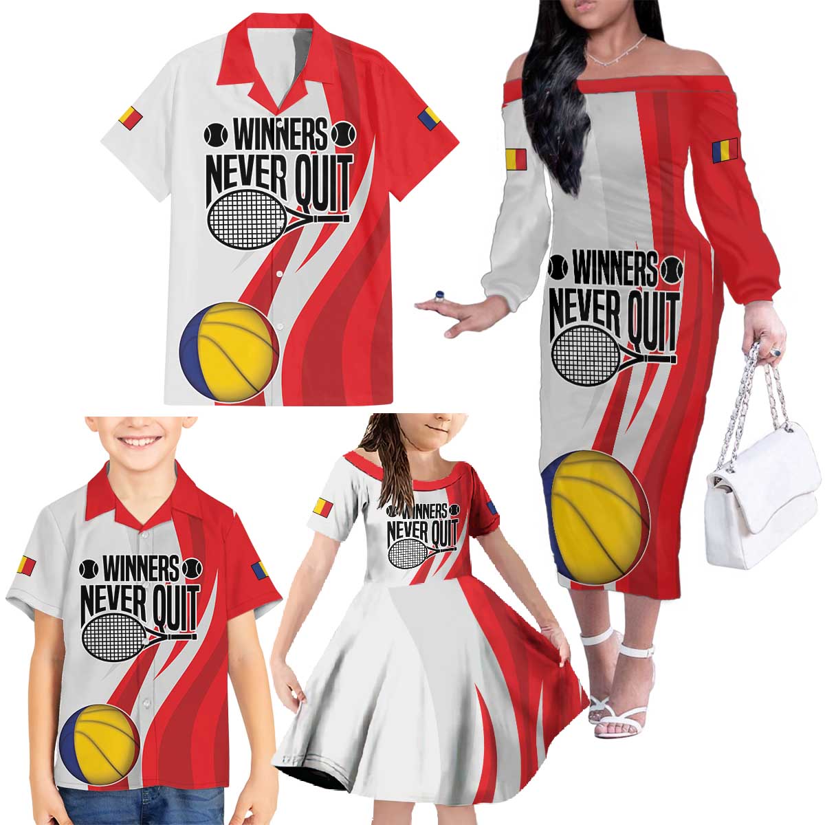 Custom Romania Tennis Winners Never Quit Family Matching Off The Shoulder Long Sleeve Dress and Hawaiian Shirt Sporty Style