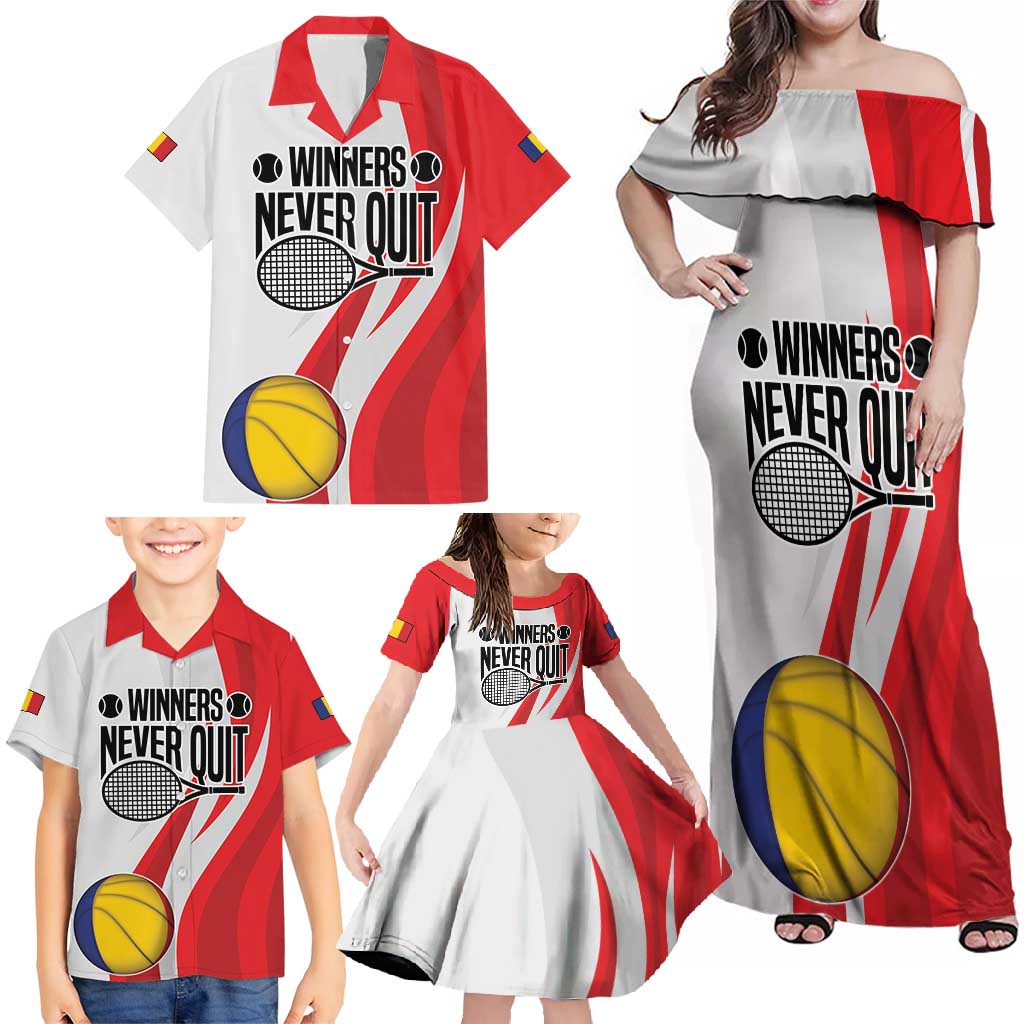 Custom Romania Tennis Winners Never Quit Family Matching Off Shoulder Maxi Dress and Hawaiian Shirt Sporty Style