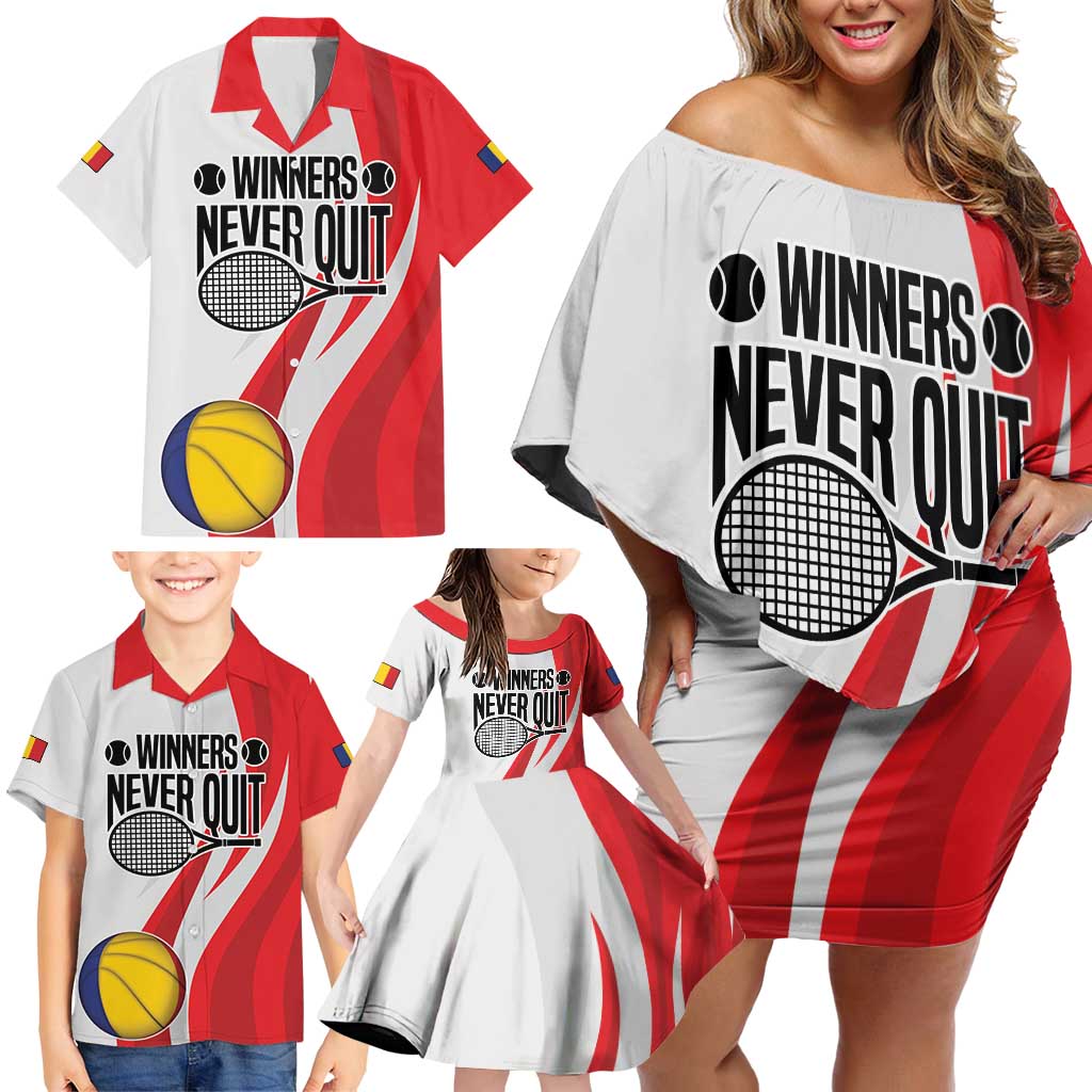Custom Romania Tennis Winners Never Quit Family Matching Off Shoulder Short Dress and Hawaiian Shirt Sporty Style
