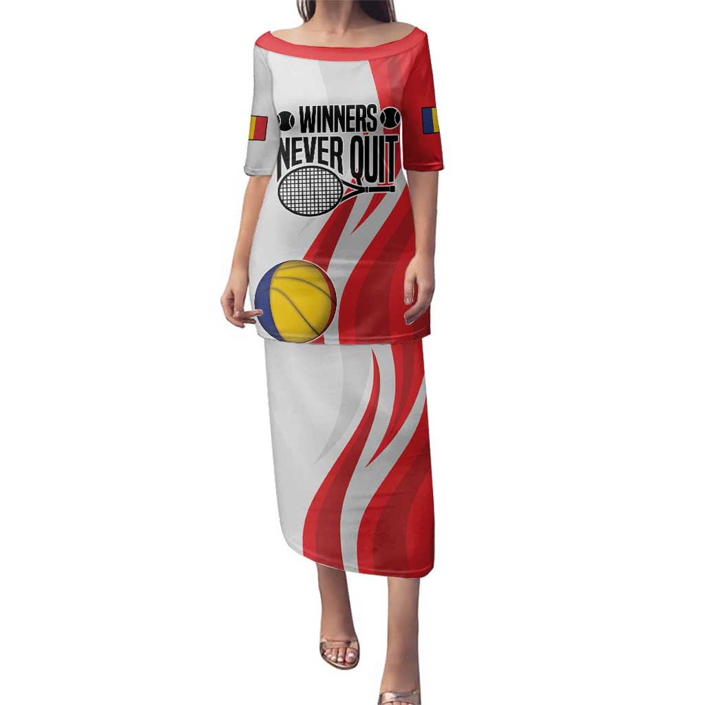 Custom Romania Tennis Winners Never Quit Family Matching Puletasi and Hawaiian Shirt Sporty Style