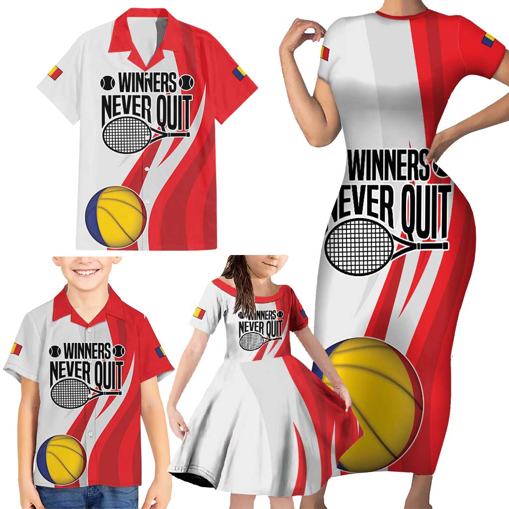 Custom Romania Tennis Winners Never Quit Family Matching Short Sleeve Bodycon Dress and Hawaiian Shirt Sporty Style