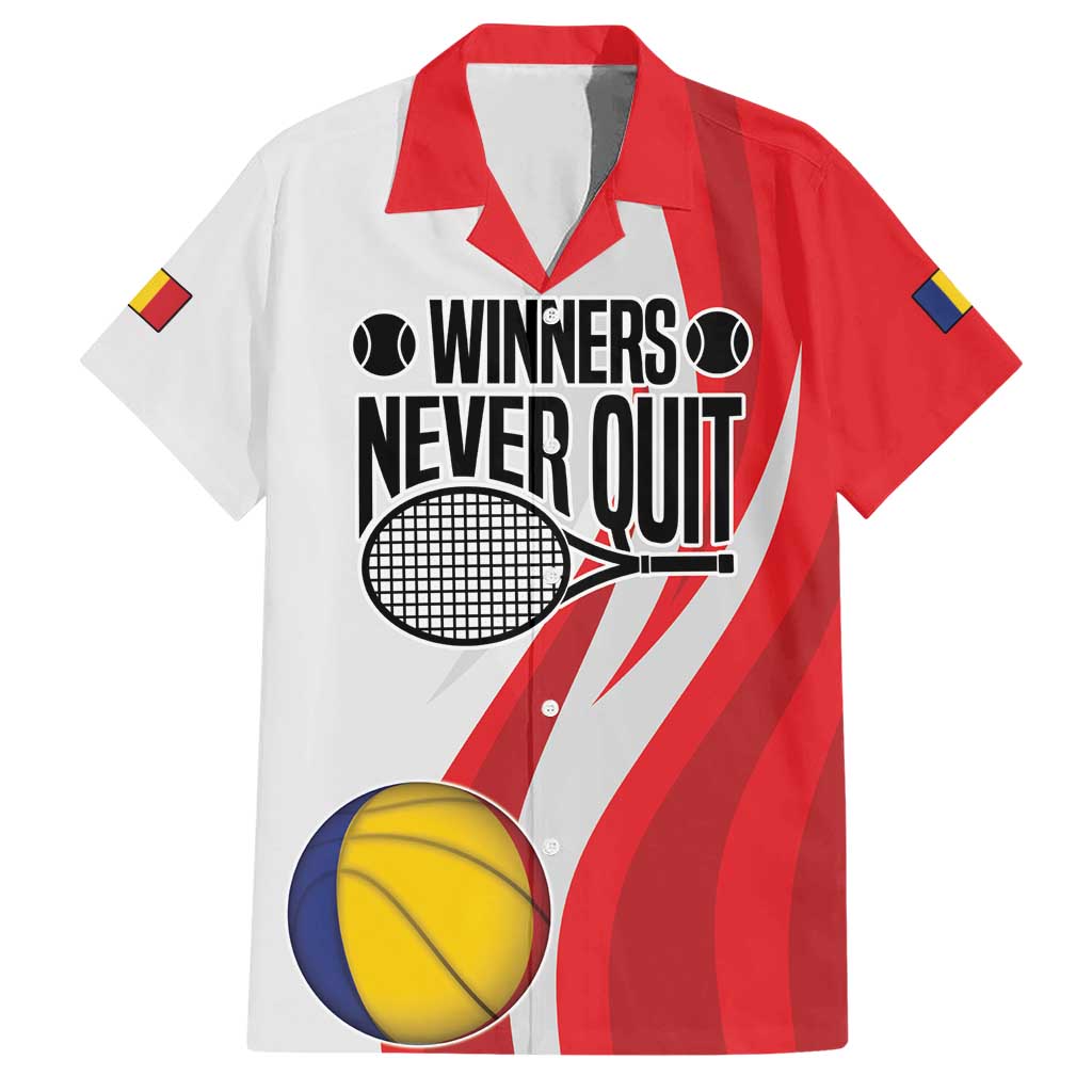 Custom Romania Tennis Winners Never Quit Family Matching Short Sleeve Bodycon Dress and Hawaiian Shirt Sporty Style