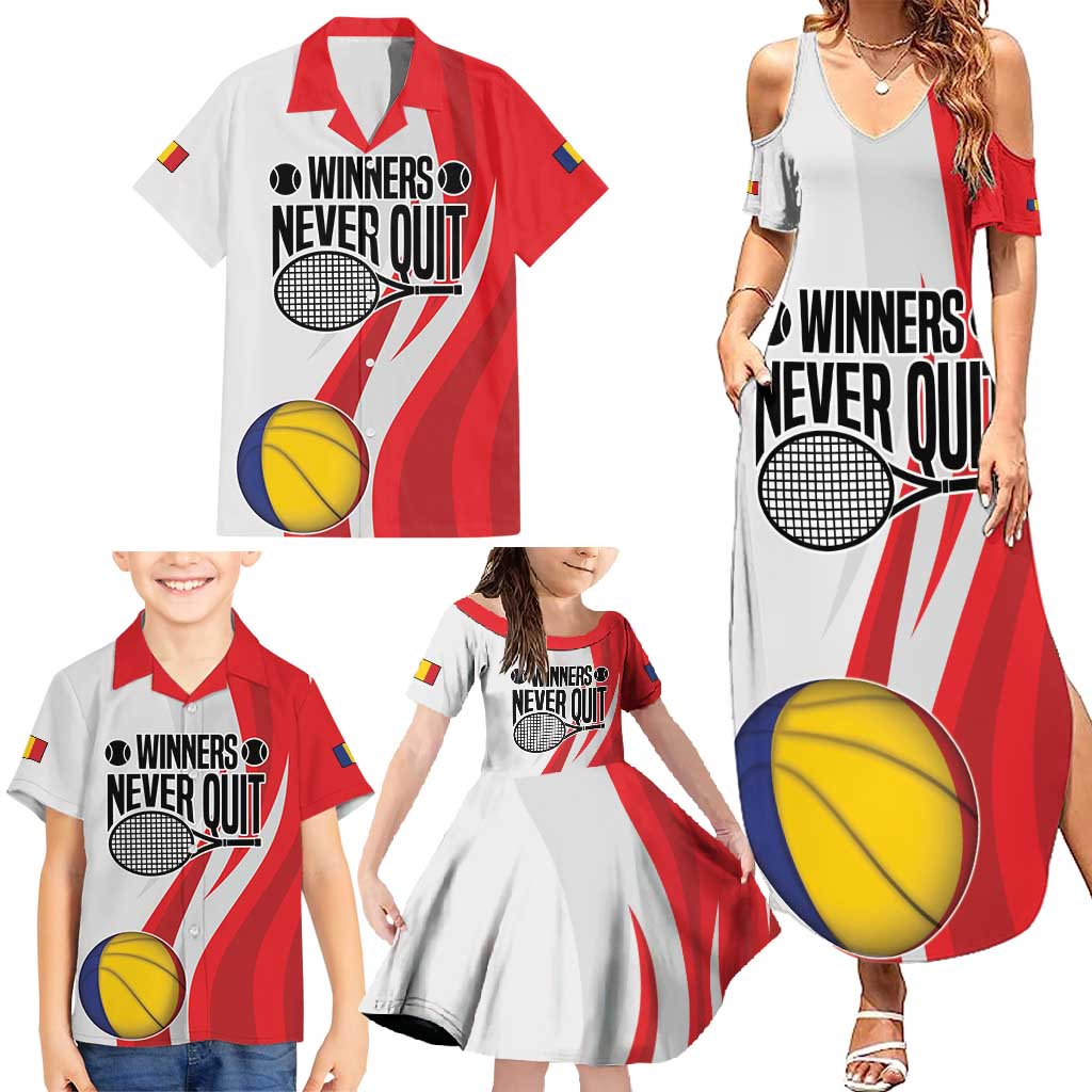 Custom Romania Tennis Winners Never Quit Family Matching Summer Maxi Dress and Hawaiian Shirt Sporty Style