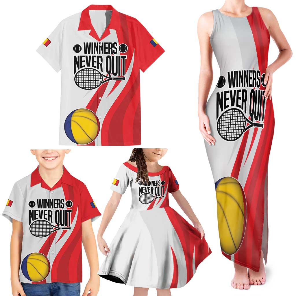 Custom Romania Tennis Winners Never Quit Family Matching Tank Maxi Dress and Hawaiian Shirt Sporty Style