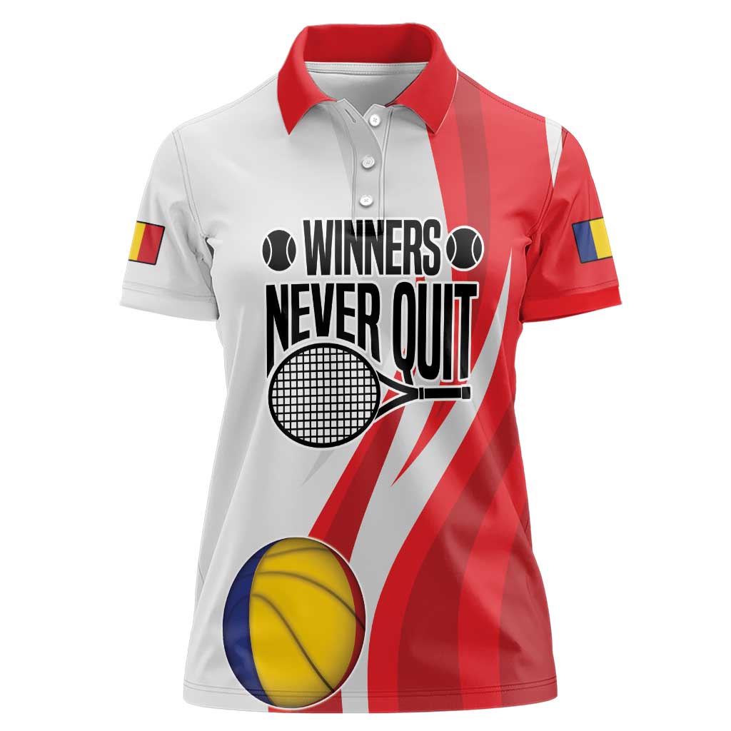 Custom Romania Tennis Winners Never Quit Women Polo Shirt Sporty Style