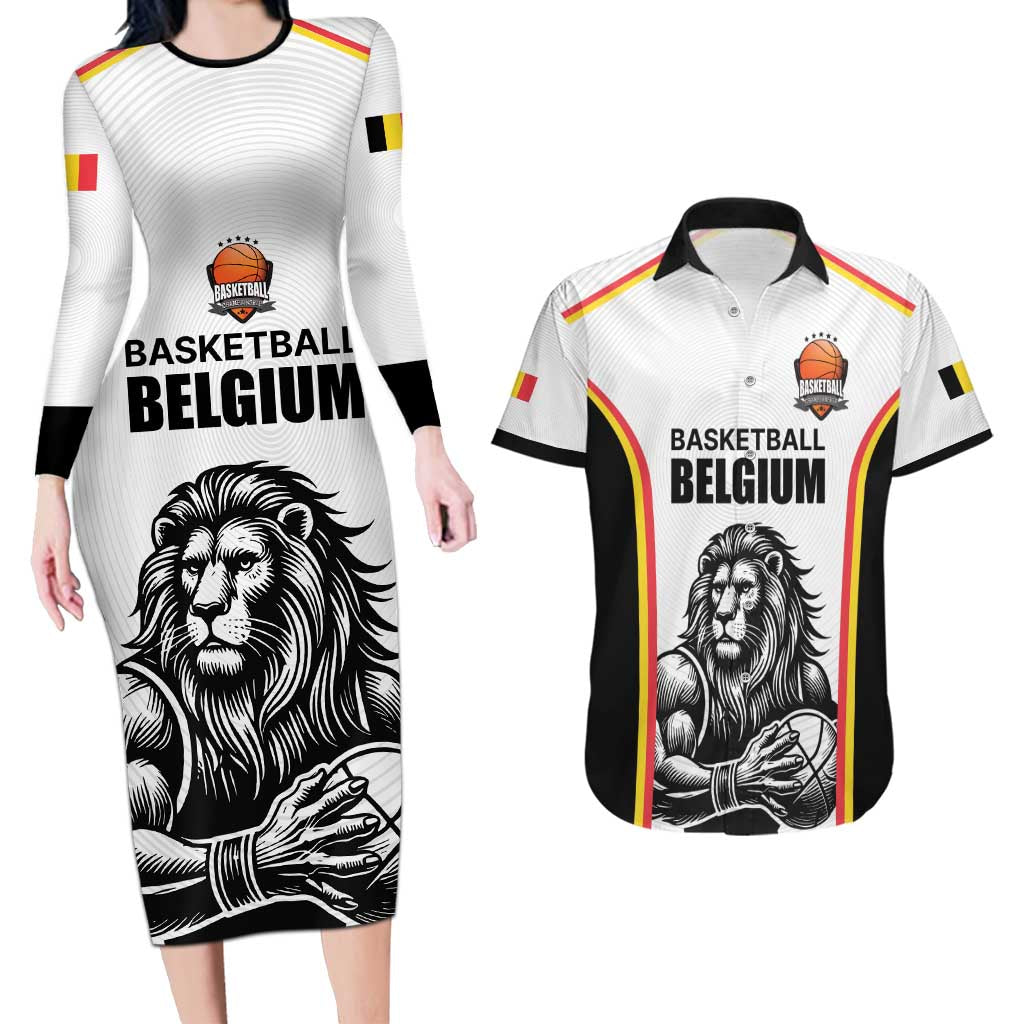 Custom Belgium Basketball Couples Matching Long Sleeve Bodycon Dress and Hawaiian Shirt Lion Mascot Sporty Style