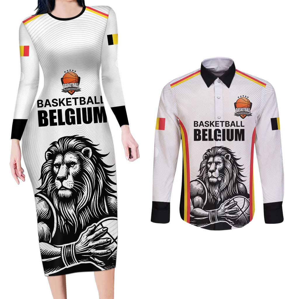Custom Belgium Basketball Couples Matching Long Sleeve Bodycon Dress and Long Sleeve Button Shirt Lion Mascot Sporty Style